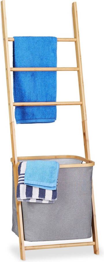 Relaxdays handdoekhouder bamboe handdoekladder wasmand handdoekenrek hout waszak