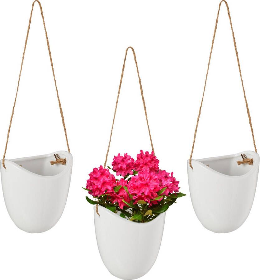 Relaxdays hangende bloempot set van 3 plantenhanger muur wandvaas keramiek binnen