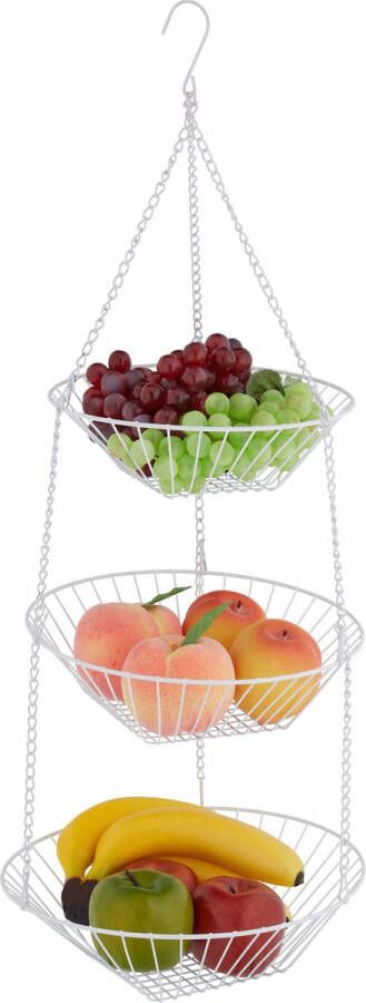 Relaxdays hangende fruitmand fruitschaal etagère 3 lagen witte hangmand draadstaal