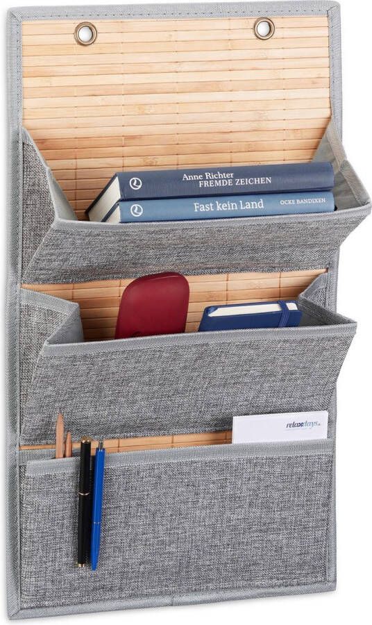 Relaxdays hangende opberger bamboe 3 tot 4 vakken wandorganizer stof kantoor grijs M
