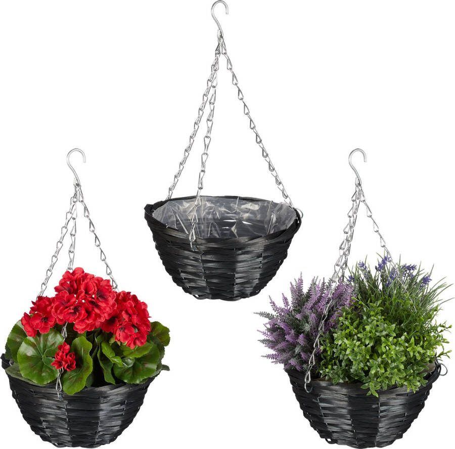 Relaxdays Hangende plantenmand set van 3 bloempot gevlochten plantenhouder hout