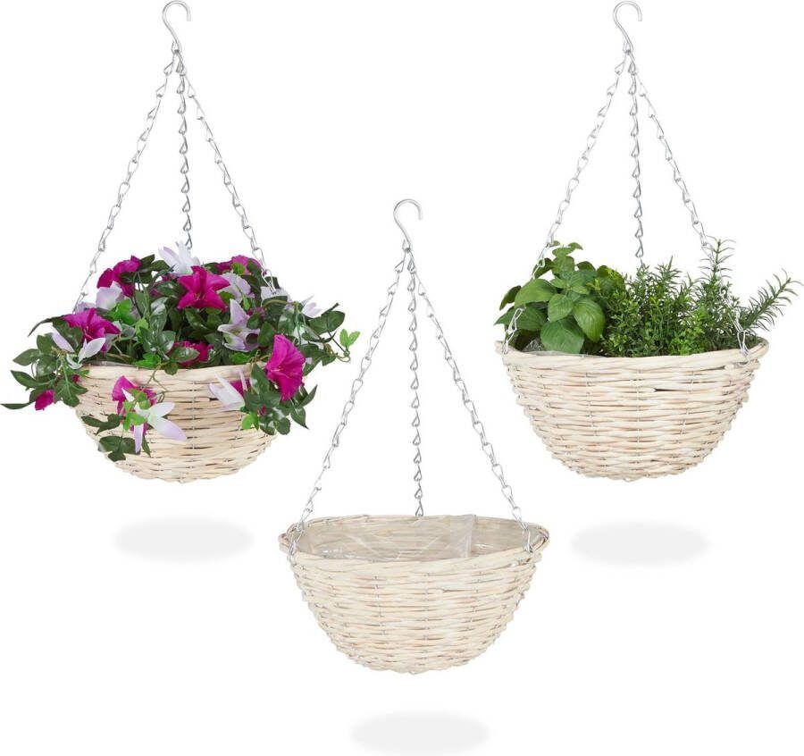 Relaxdays Hangende plantenmand set van 3 bloempot met ketting wilgenhout natuur