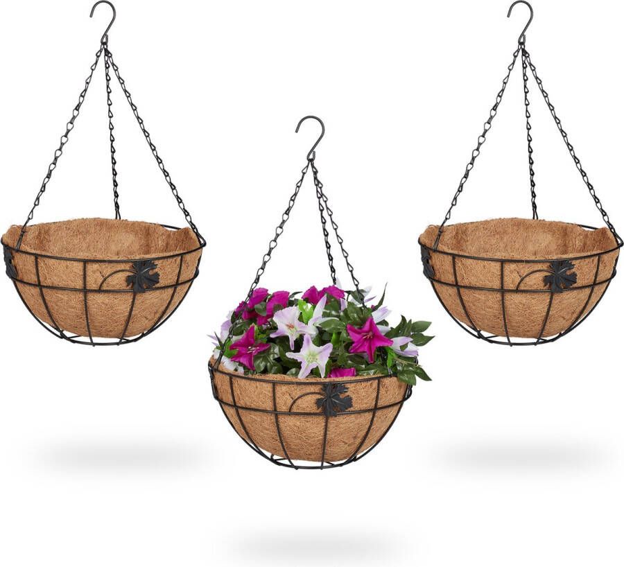 Relaxdays hanging basket kokos set van 3 hangende plantenmand plantenhangers metaal