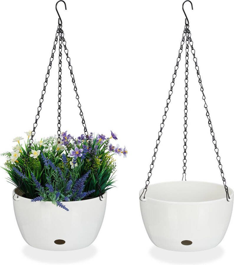 Relaxdays hangpot met opvangbakjes set van 2 bloempotten binnen & buiten afvoergat