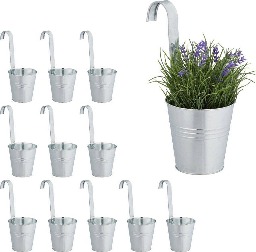 Relaxdays hangpotten met haak set van 12 kleine bloempot plantenpot metaal buiten