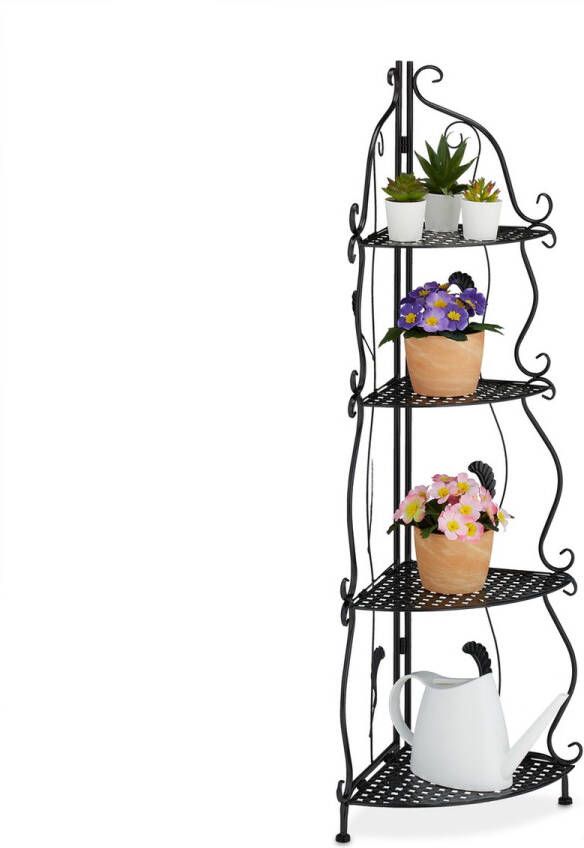 Relaxdays hoek plantenrek inklapbaar 4 etages zwart hoekrek metalen bloemenrek