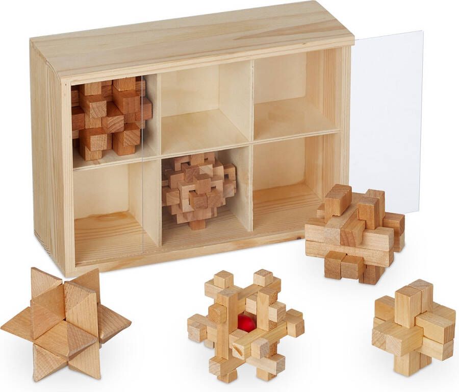 Relaxdays houten denkpuzzels set van 6 denkspellen volwassenen iq puzzels kubus