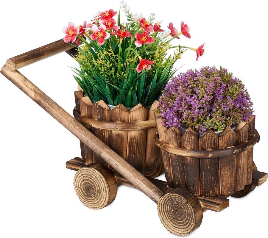 Relaxdays houten kar met 2 bloempotten rustieke plantenbak tuindecoratie binnen
