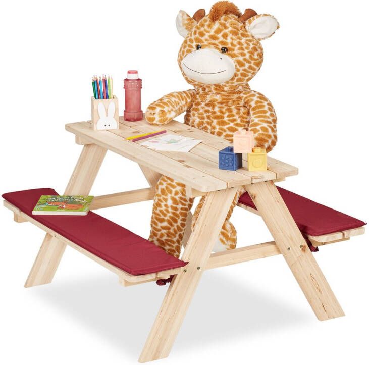 Relaxdays houten kinderpicknicktafel tuinset kinderen met zitkussens kindertafel tuin