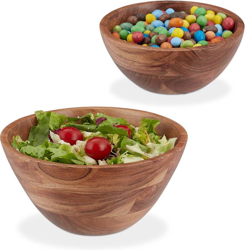 Relaxdays houten saladeschaal set van 2 ronde serveerschaal saladekom acaciahout