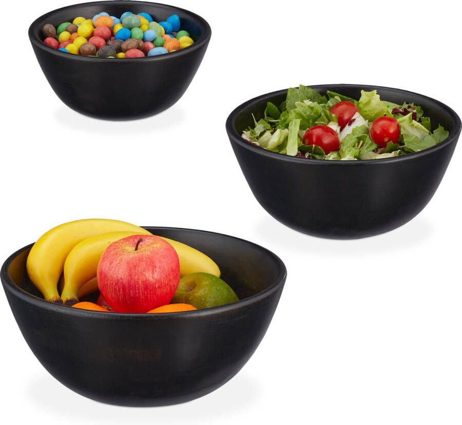 Relaxdays houten saladeschaal set van 3 zwarte fruitschaal mangohout serveerschaal