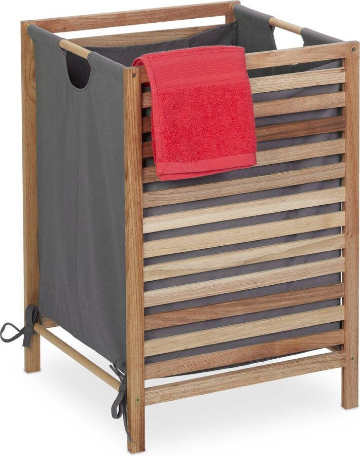 Relaxdays houten wasmand 60 liter wasgoedmand op poten open wasbox stoffen zak