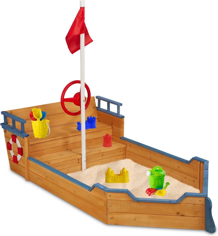 Relaxdays houten zandbak boot grote kinderzandbak piratenschip tuin peuter buiten
