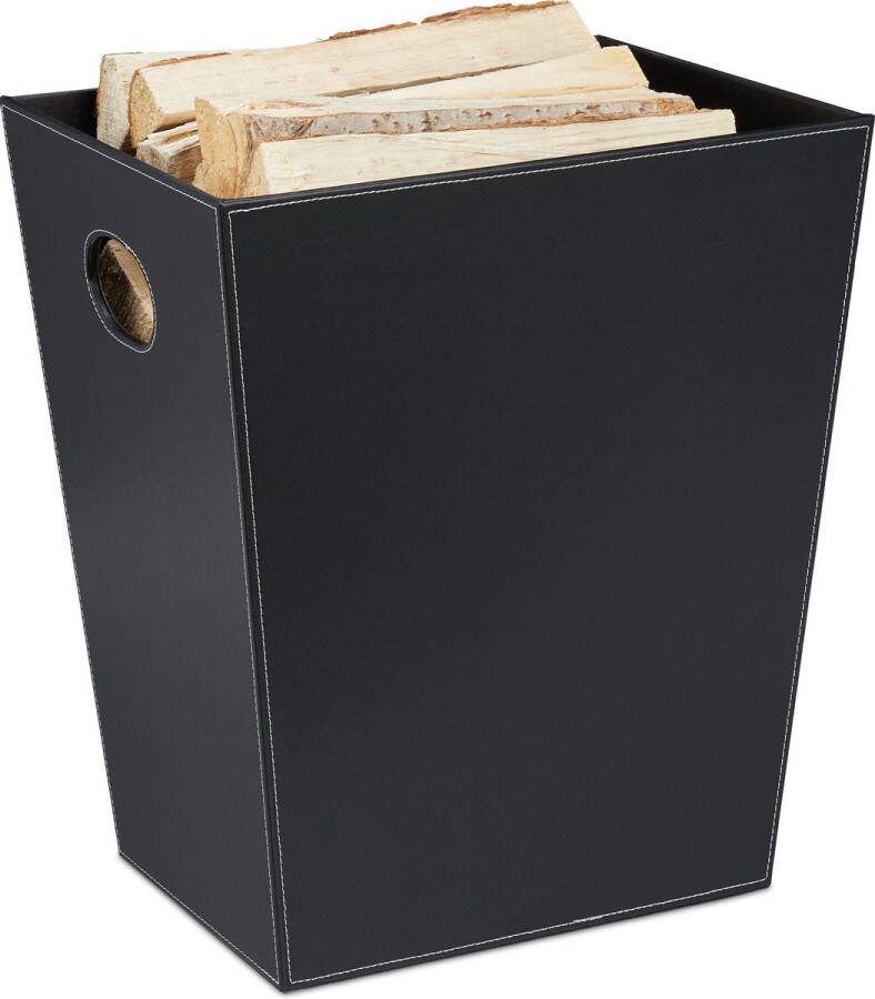 Relaxdays houtmand kunstleer zwart houtopslag brandhout mand openhaard accessoire