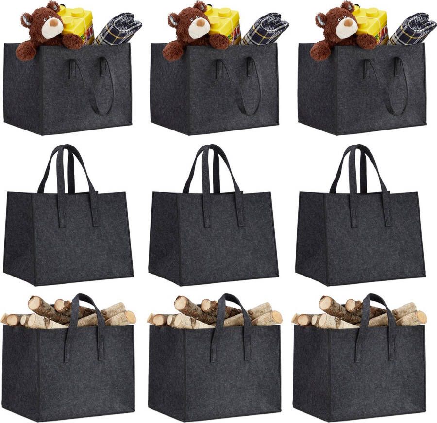 Relaxdays 9er set houtmand vilt opbergmand krantenbak viltmand vouwbaar antraciet