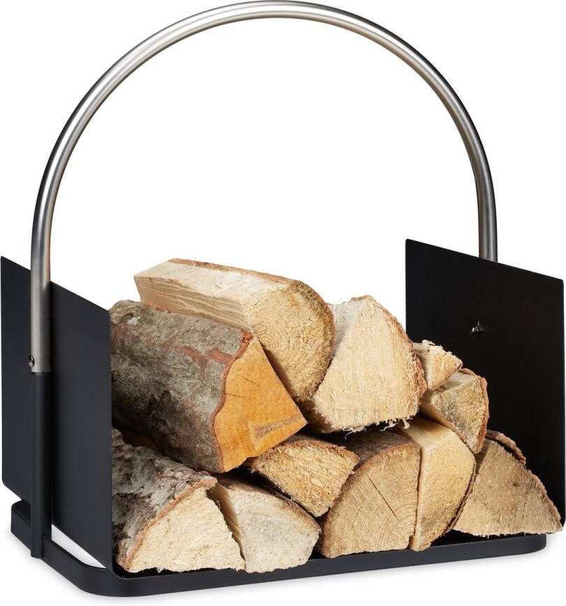 Relaxdays houtmand voor binnen houtopslag haardhout brandhoutmand metaal zwart