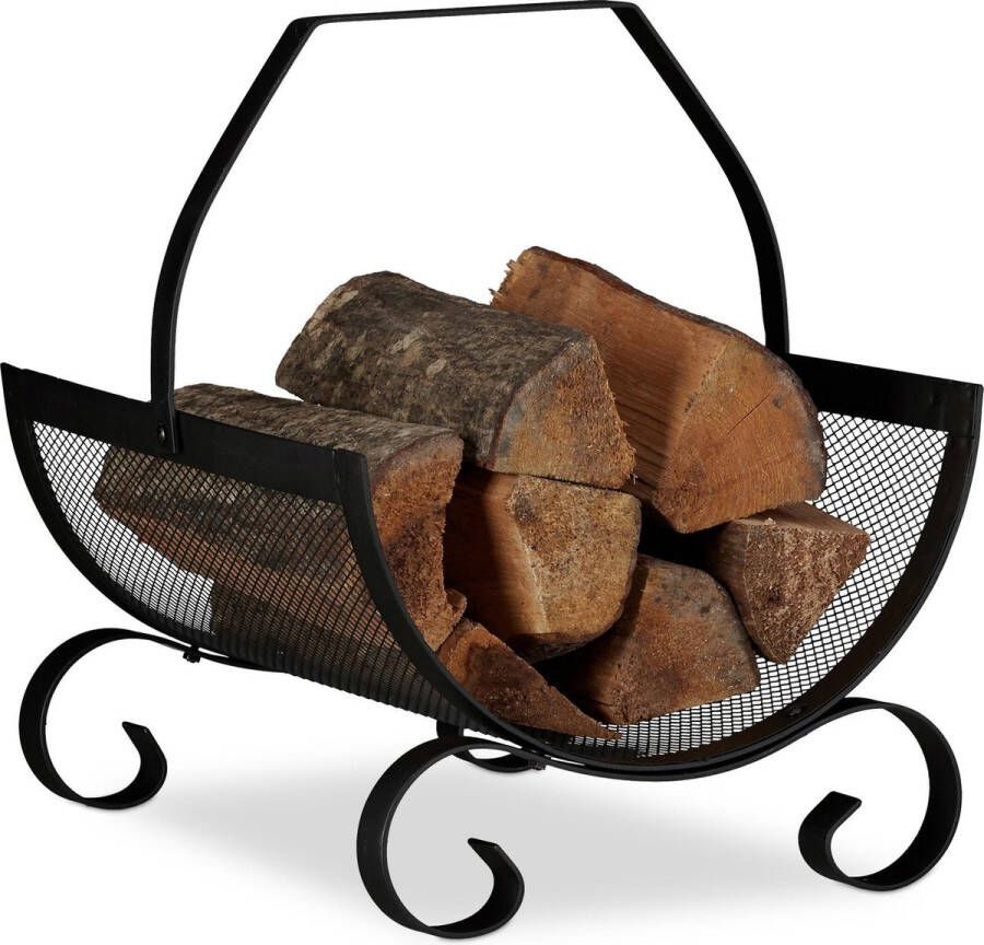 Relaxdays houtmand zwart brandhout mand metaal haardhout opslag met greep rustiek •