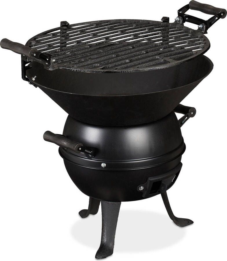 Relaxdays houtskool barbecue gietijzer camping bbq compact grill 35 cm zwart