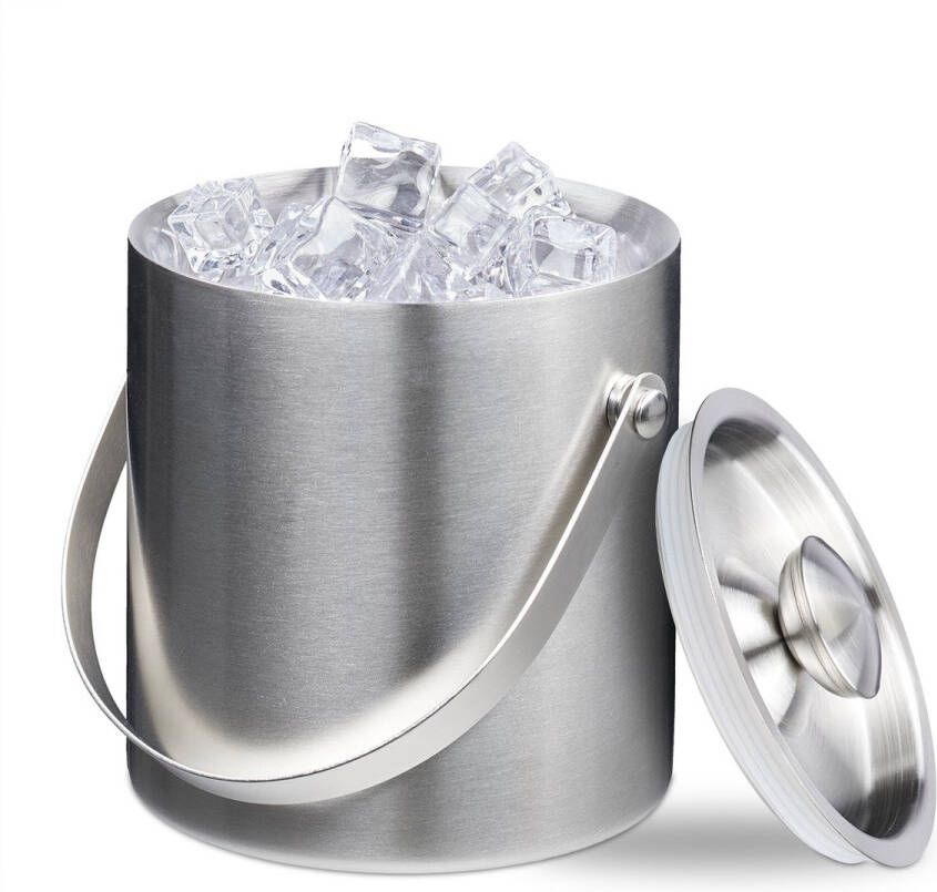 Relaxdays ijsemmer met deksel 1 5 liter rvs dubbelwandig met hengsel zilver