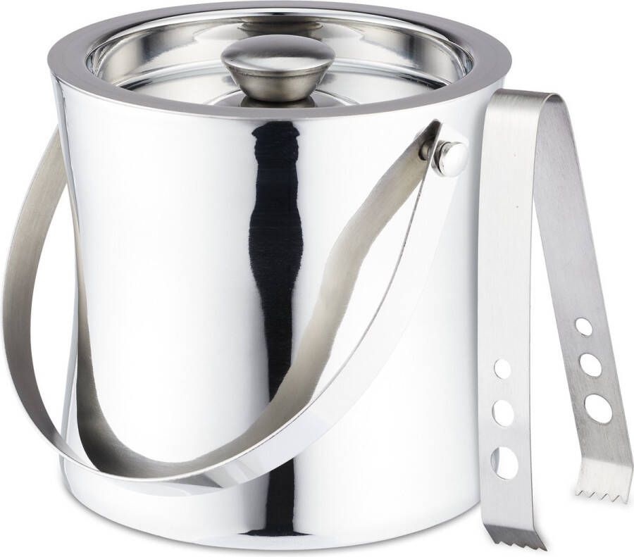 Relaxdays ijsemmer met deksel 1.5 l zilver dubbelwandige ijskoeler met tang rvs