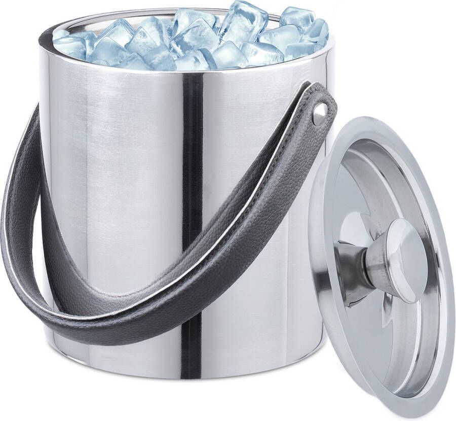 Relaxdays ijsemmer met deksel 1.5 l zilver rvs dubbelwandige ijskoeler metaal