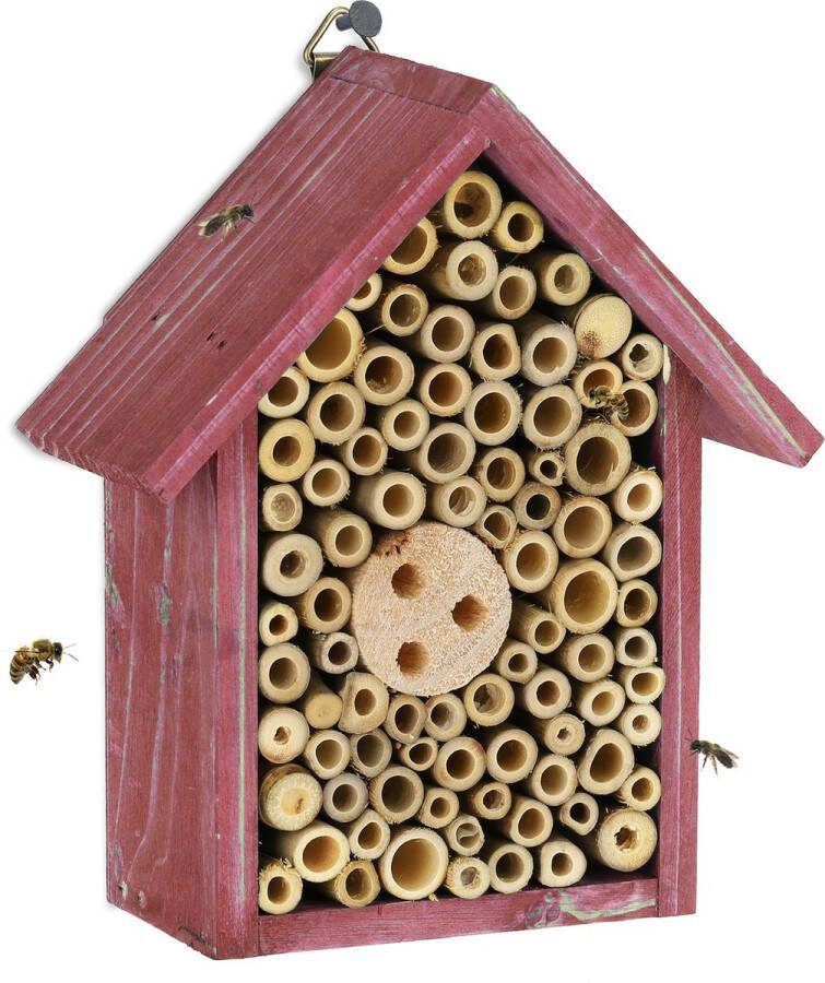 Relaxdays insectenhotel bijenhuisje bamboe buisjes ophangen bijenkastje rood