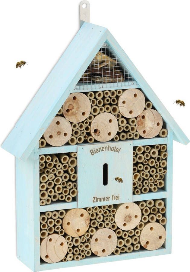 Relaxdays insectenhotel hout insectenhuis balkon bijenhotel nestkast bijen tuin blauw