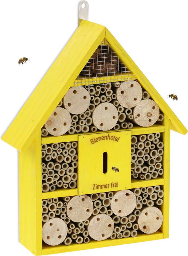Relaxdays insectenhotel hout insectenhuis balkon bijenhotel nestkast bijen tuin geel