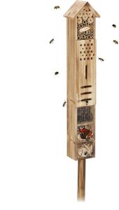 Relaxdays insectenhotel op paal groot bijenhotel houten insectenhuis tuin bijenhuis