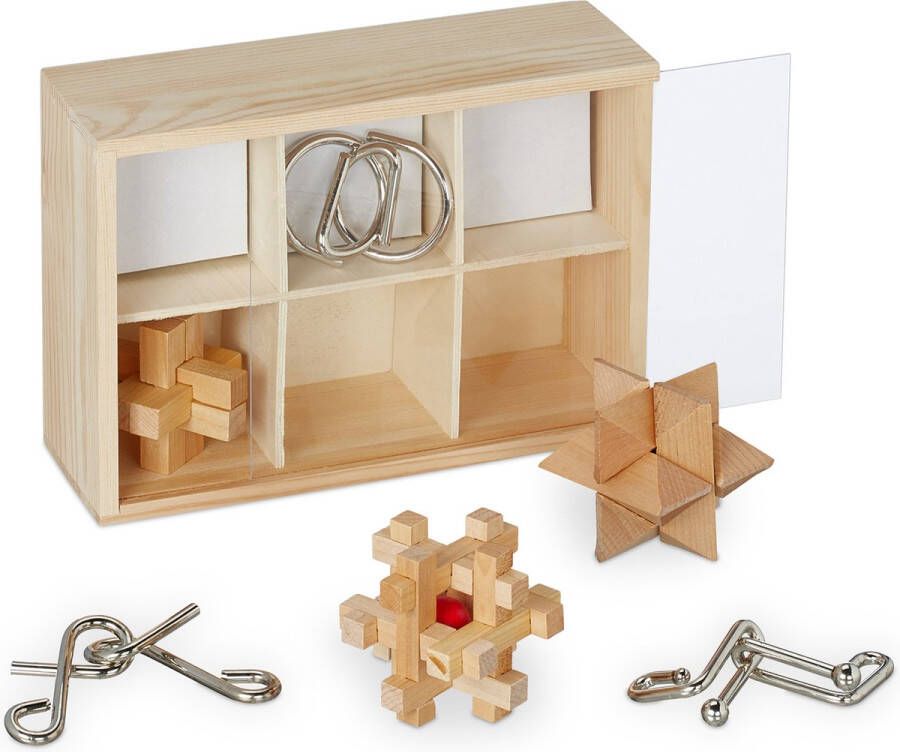 Relaxdays iq puzzels denkspel puzzel houten puzzelblok metalen breinpuzzel 3d