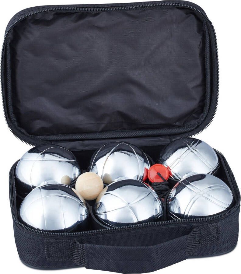 Relaxdays jeu de boules set 6 ballen metaal petanque in draagtas afstandmeter