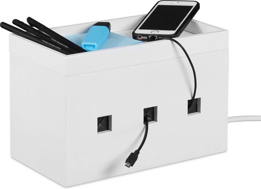 Relaxdays Kabelbox bamboe kabelmanagement multi oplaadstation wit