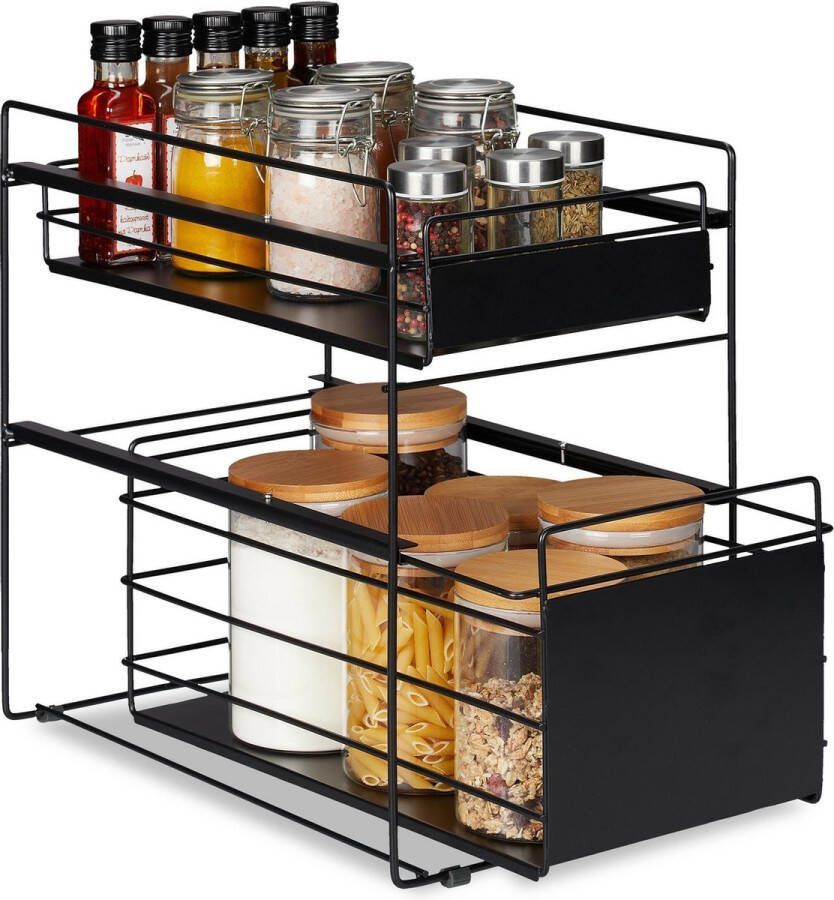 Relaxdays keuken organizer zwart opbergrek 2 etages metalen keukenrek lades aanrecht