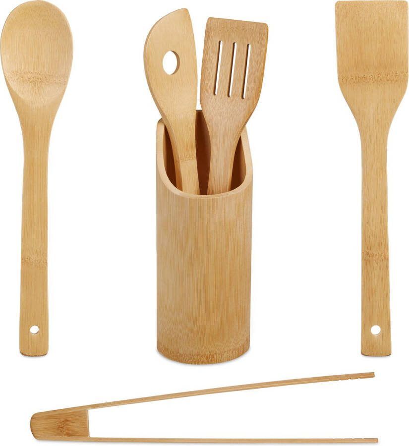 Relaxdays keukengerei set met houder 6-delig kookgerei kooklepels spatel bamboe