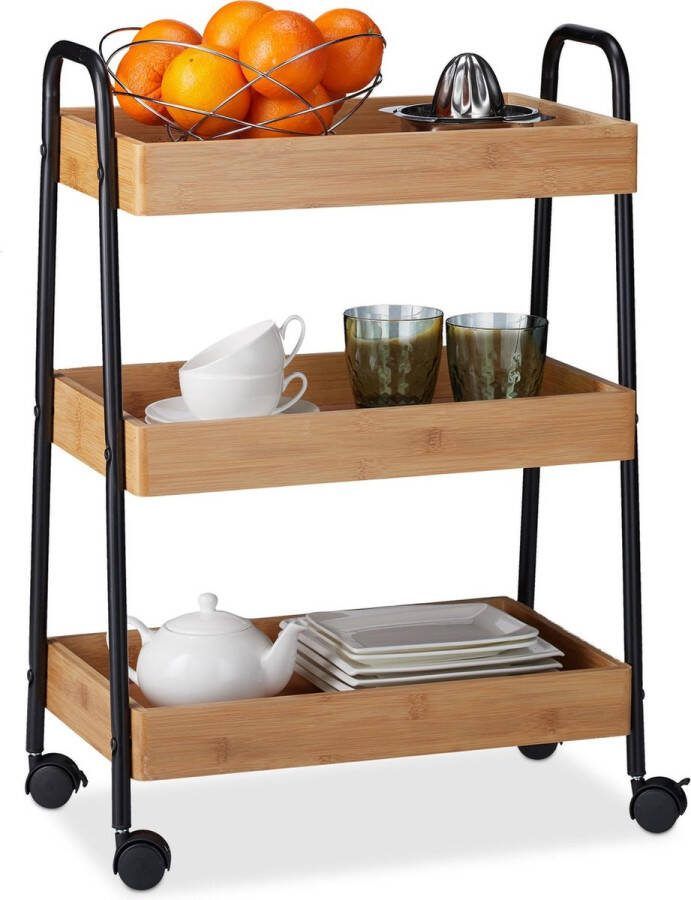 Relaxdays keukentrolley bamboe 3 etages serveerwagen theewagen roltafel wielen
