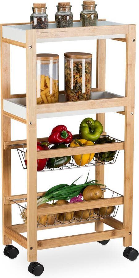 Relaxdays keukentrolley bamboe 4 etages badkamer trolley smal keukenrek op wieltjes