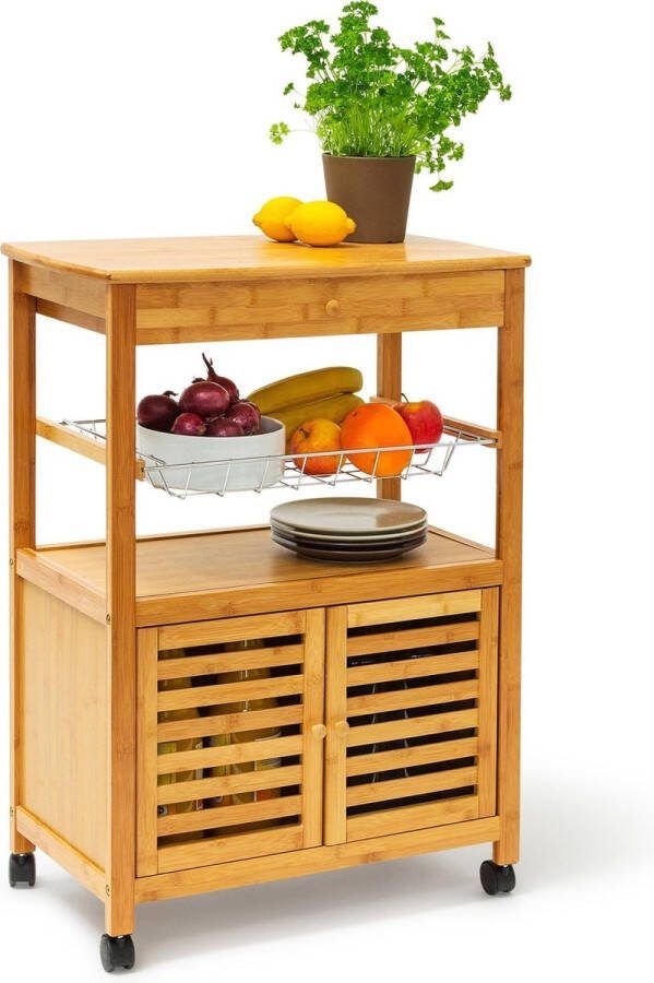 Relaxdays keukentrolley JAMES XL keukenwagen bamboe serveerwagen trolley met deuren