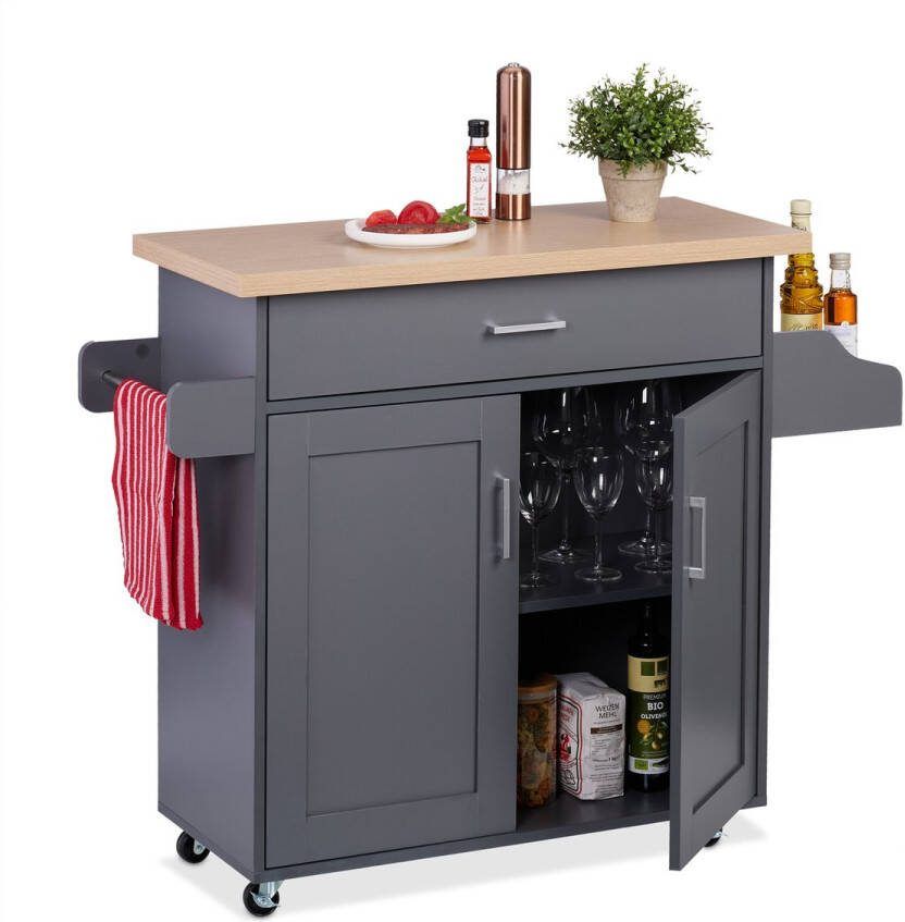 Relaxdays keukentrolley met werkblad 90x114 5x39 5 cm lade en deuren extra ruimte grijs