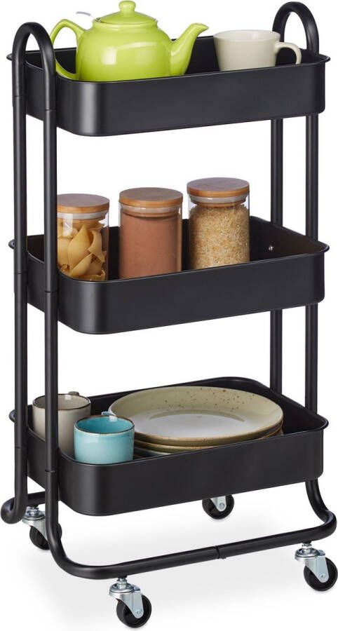 Relaxdays keukentrolley op wieltjes serveerwagen 3 etages badkamer keukenrek zwart