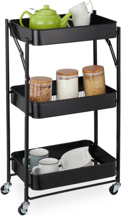 Relaxdays keukentrolley op wieltjes serveerwagen zwart theewagen inklapbaar zwart