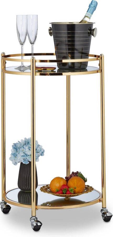 Relaxdays keukentrolley rond trolley serveerwagen roltafel goud wieltjes staal