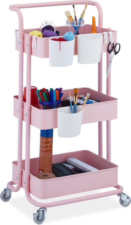Relaxdays keukentrolley roze trolley op wielen serveerwagen staal opbergtrolley