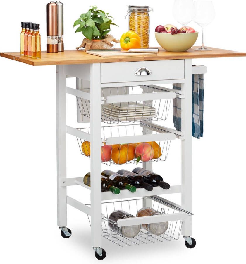 Relaxdays keukentrolley werkblad wit serveerwagen trolley bamboe roltafel