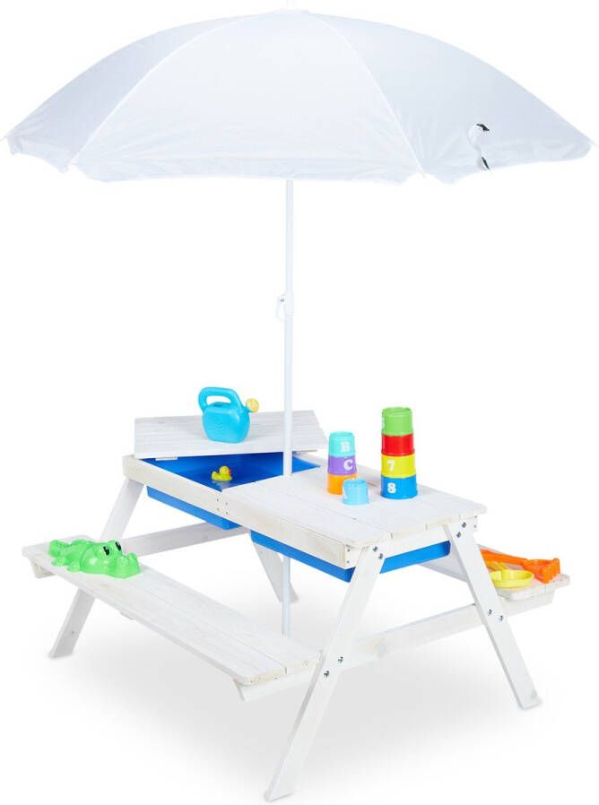 Relaxdays kinderpicknicktafel met parasol houten speeltafel tuin zand- en watertafel