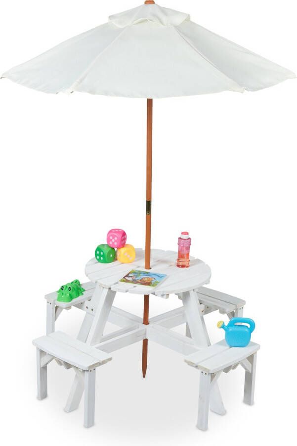 Relaxdays kinderpicknicktafel met parasol kindertafel en stoeltjes buiten kindermeubel