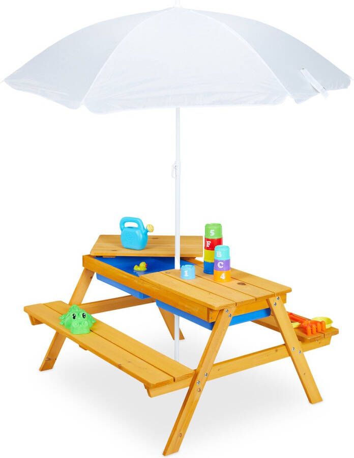 Relaxdays kinderpicknicktafel met parasol zand- en watertafel kindertafel hout buiten