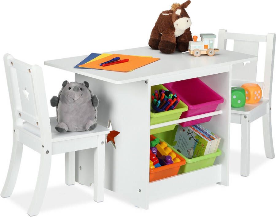 Relaxdays kindertafel en stoeltjes speeltafel met opbergbakken witte kindermeubelset