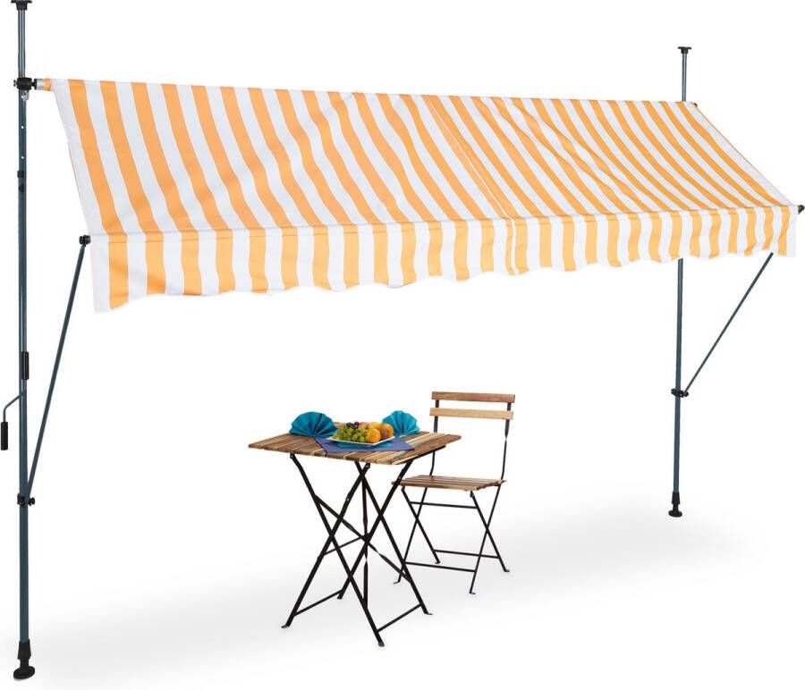 Relaxdays klem-zonwering markies verstelbaar gestreept zonnescherm wit oranje 300 x 120 cm