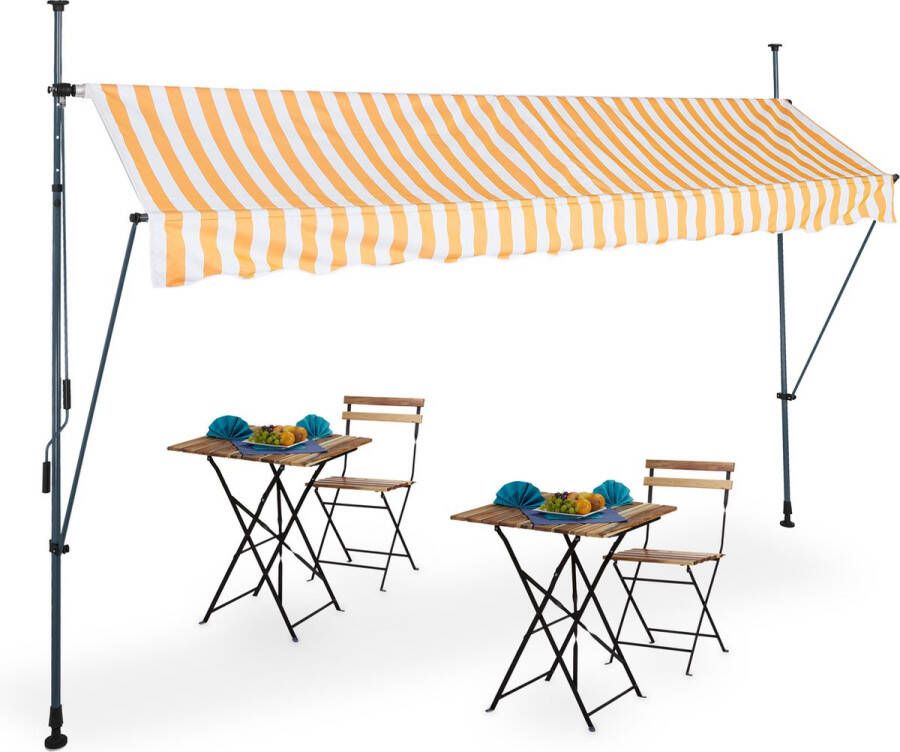 Relaxdays klem-zonwering markies verstelbaar gestreept zonnescherm wit oranje 350 x 120 cm