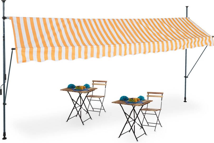 Relaxdays klem-zonwering markies verstelbaar gestreept zonnescherm wit oranje 400 x 120 cm